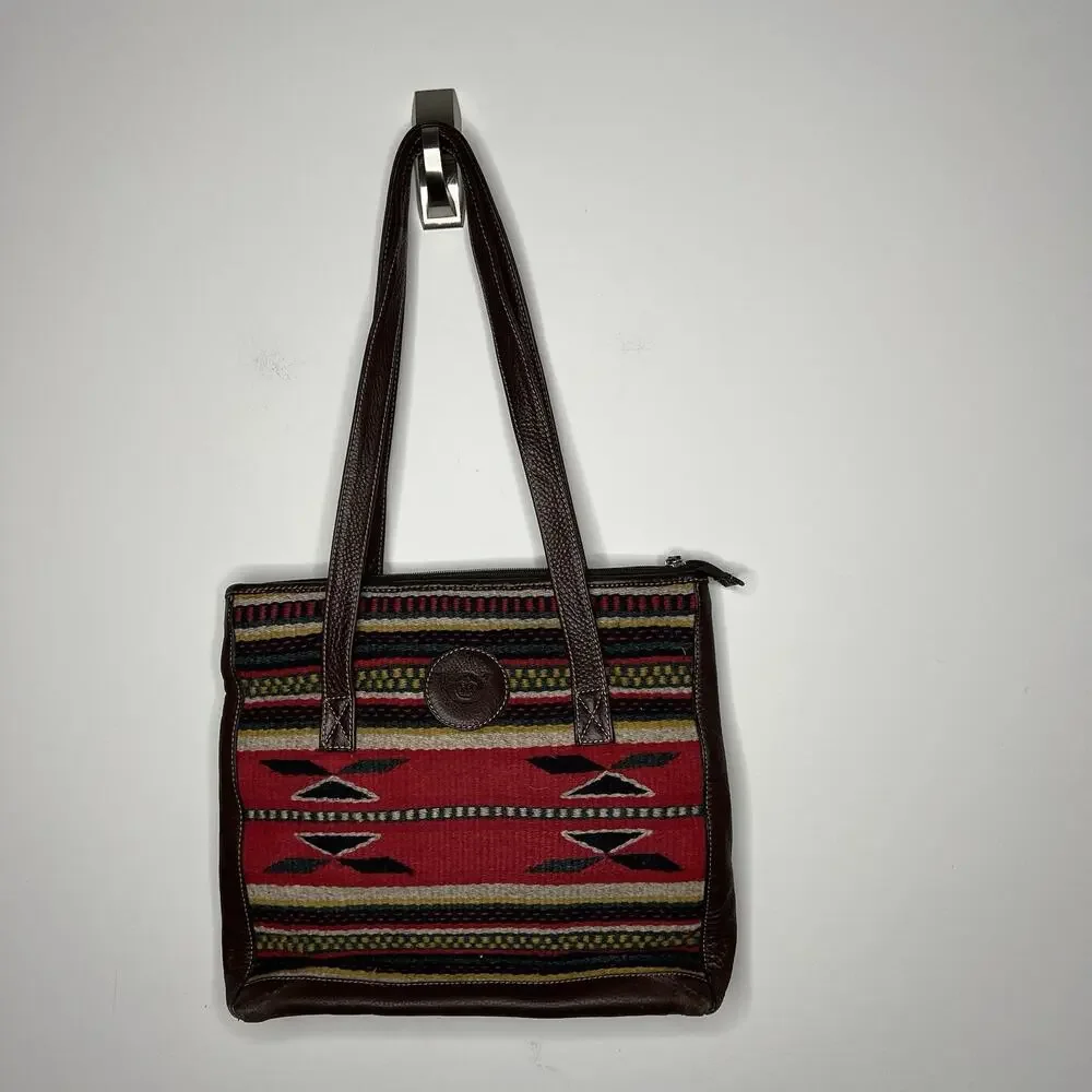 Born Wool Leather Tote Bag Southwestern Boho Aztec Pattern Shoulder‎ Purse